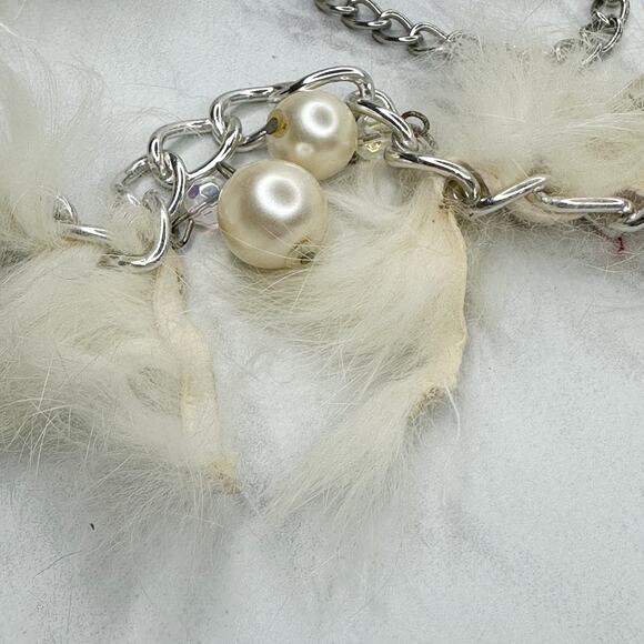 Beaded Faux Fur Woven Silver Tone Chain Link Belt One Size OS Boho ✨ - Picture 2 of 14